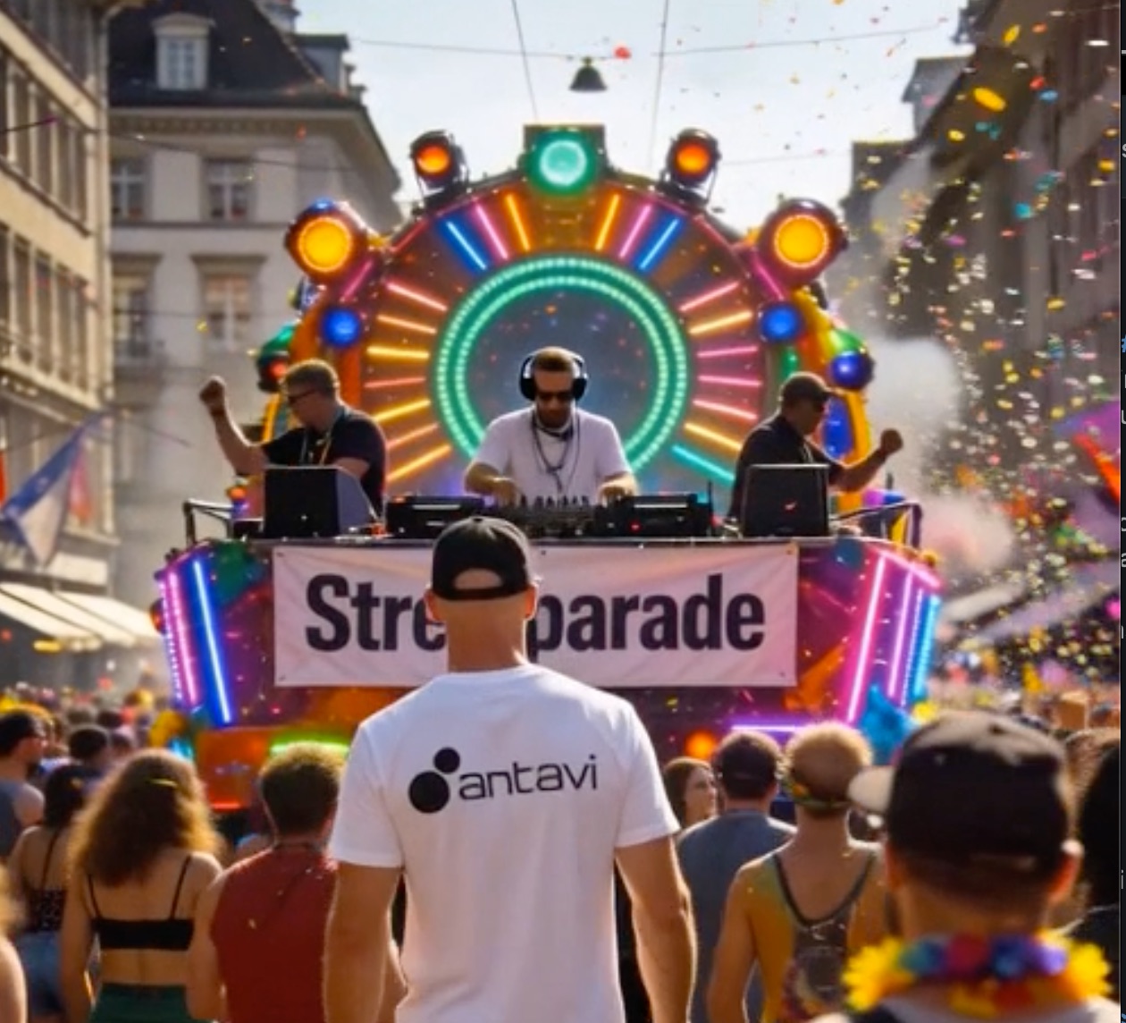 شخص يرتدي قميص antavi أمام شاحنة دي جي في Street Parade بزيورخ